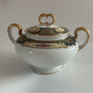 Antique Elite Limoges France Floral Creamer / Sugar Bowl with Lid - Gold Handles